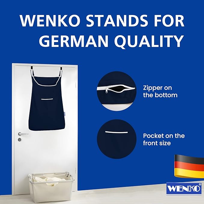 WENKO Laundry Hamper Bag Hanging, Over The Door Basket with Hooks, for Bathroom, Closet, Space Saving Storage, Wall mounted 3.94 x 20.47 x 31.89 in, Navy
