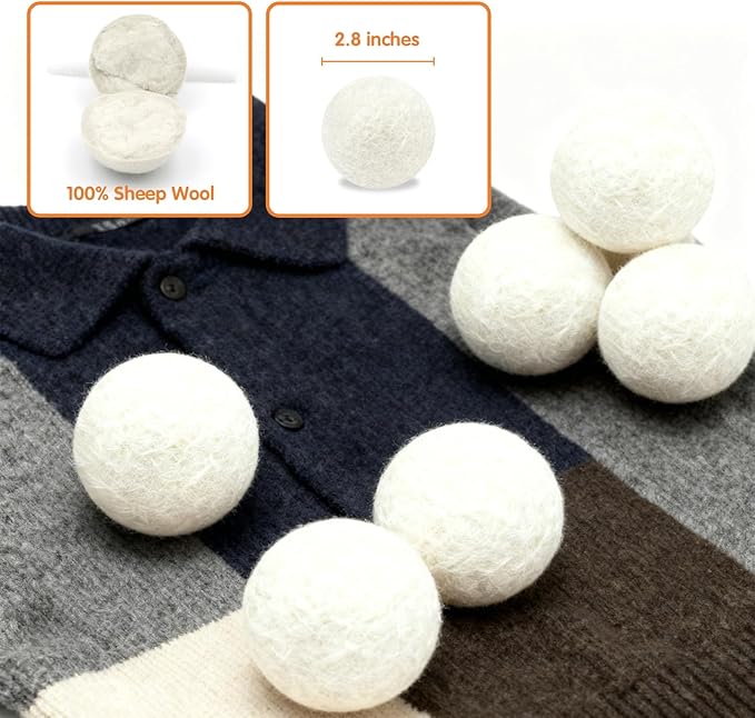 100% Pure New Zealand Wool Dryer Balls, 6-Pack - Natural Fabric Softener Alternative, Reduce Static, Soften Clothes, Shorten Drying Time & Absorb Lint (White)