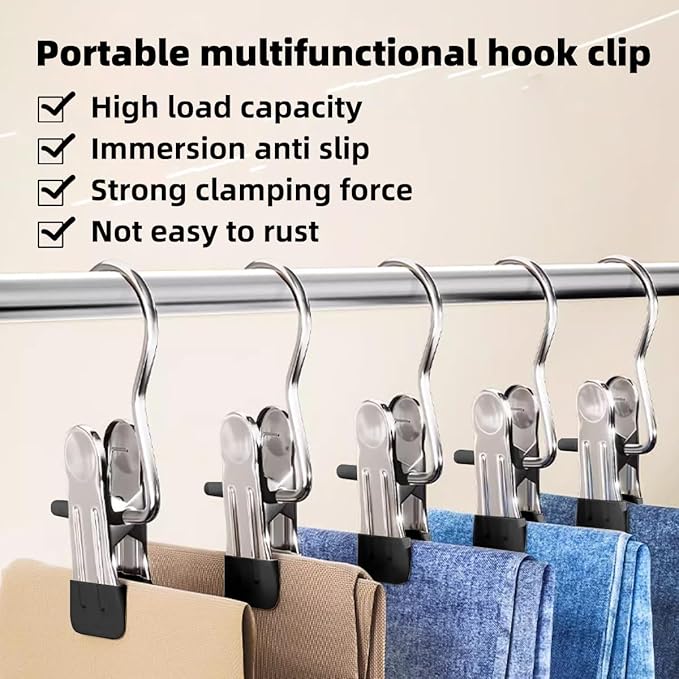 Clothes Pins, 30 Pack Hanger Hooks, Stainless Steel Laundry Clips, Travel Hangers, Towel Clips, Legging Organizer for Closet Hanging, Space Saving Hanger Clips for Pants, Jeans, Hats, Boot(30P+Black)
