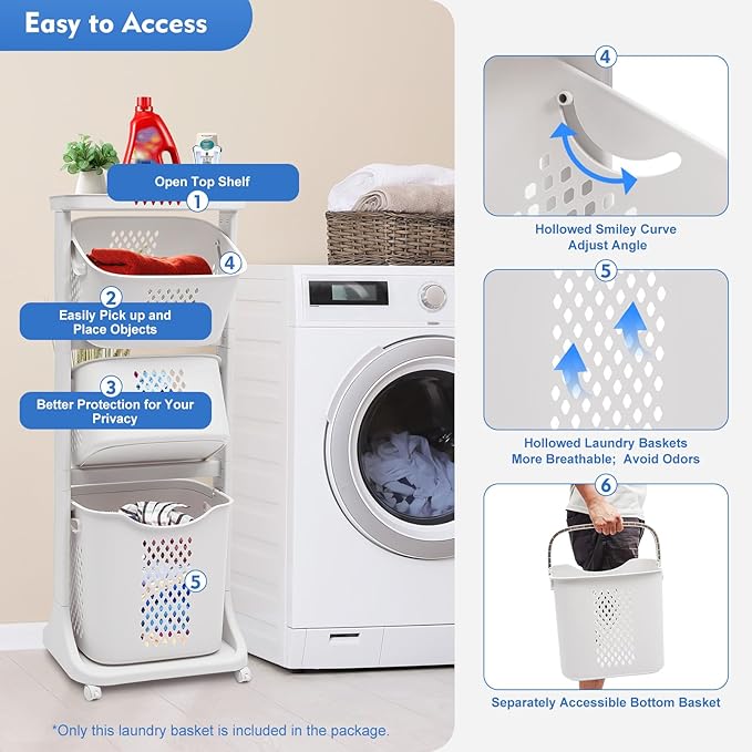 White Laundry Basket Removable Storage Basket 3 Tier Multi-purpose Rolling Laundry Basket with 4 Wheels Laundry Washing Hampers Basket Shelf Cart Clothes Storage Basket for Household Bathroom Kitchen