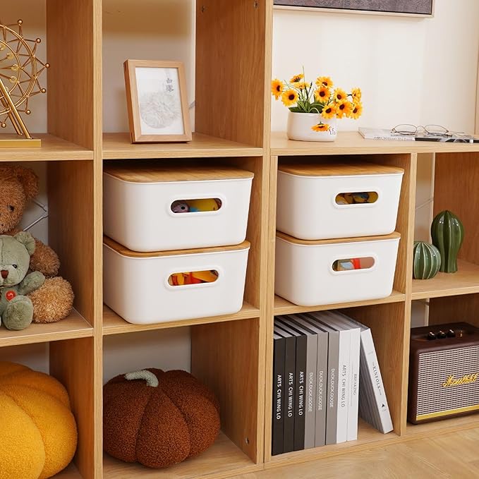 Citylife 4 PCS Storage Bins with Lids Plastic Storage Containers for Organizing Stackable Storage Box with Handle, 15.16 x 10.79 x 5.83 inch (White, 4 PCS-Large)