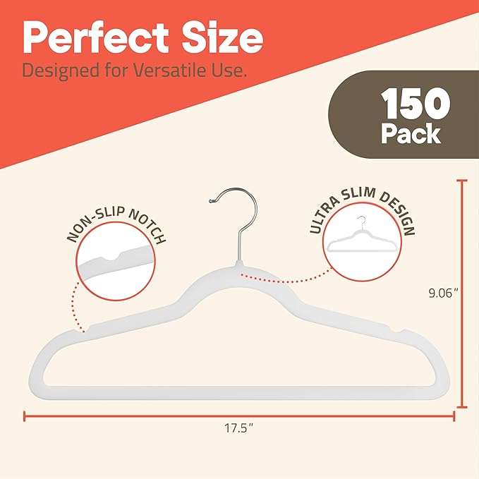 White Velvet Hangers 150 Pack – 360° Swivel Hook, Non-Slip and Space Saving Hangers, Heavy-Duty 11 lbs Weight Capacity - Smooth Velvet Finish for Crease-Free Clothes and Effortless Closet Organization
