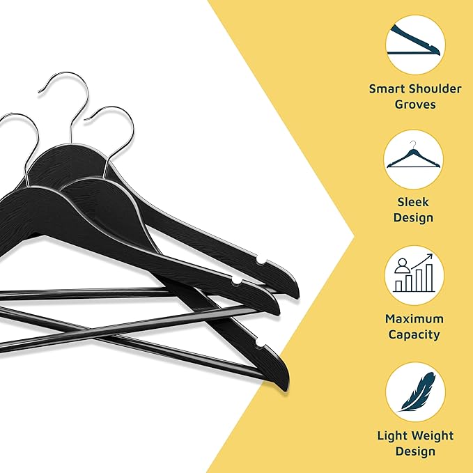 Lifemaster Wooden Hanger Set - 50 Pieces Non-Slip Versatile Closet Space-Saving Hanger Set for Suit, Coat, Camisole, Jacket, Pants, and Dresses with 360° Swivel Hook - Black
