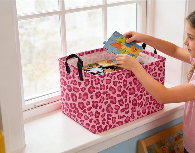 Rectangular Kids Baskets Pink Basket Cute Storage Bins Organizer Box Boys Room Decor for Home.(Pink leopard print)