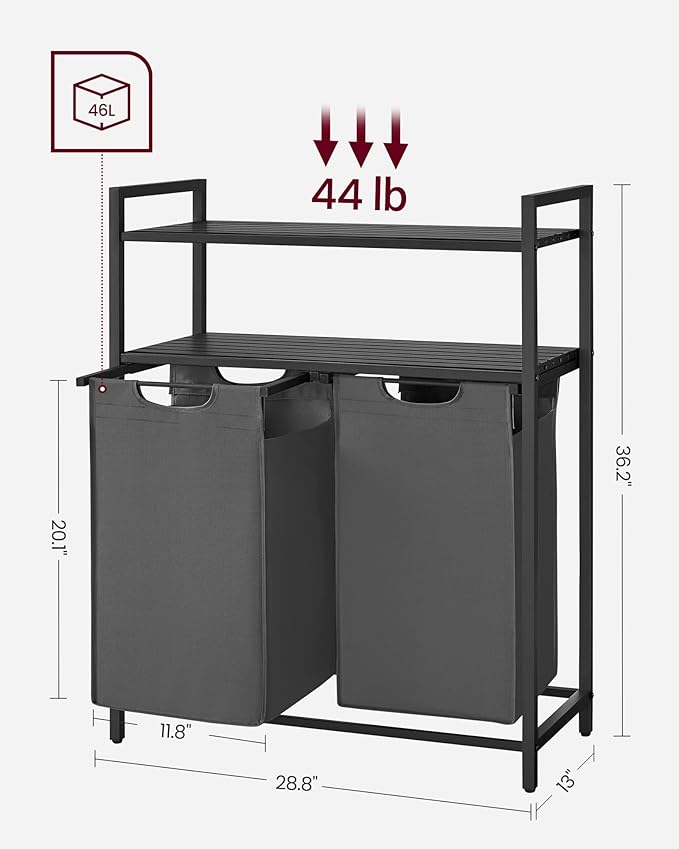 VASAGLE Laundry Hamper, Laundry Basket, Laundry Sorter with 2 Pull-Out and Removable Bags, 2 Shelves, 12.1 Gal (46L) Capacity per Bag, for Laundry Room, Black and Gray UBLH211G01