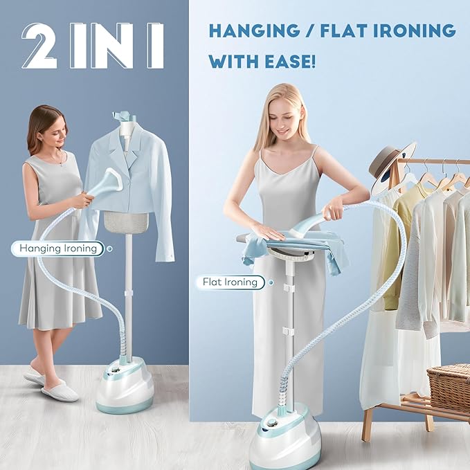 CGOLDENWALL 2-in-1 Standing Garment Steamer for Clothes with Flat & Hanging Iron Options, Powerful Wrinkle Remover, 1-Hour Continuous Steaming, Includes Garment Hanger, Ironing Board, and Gloves