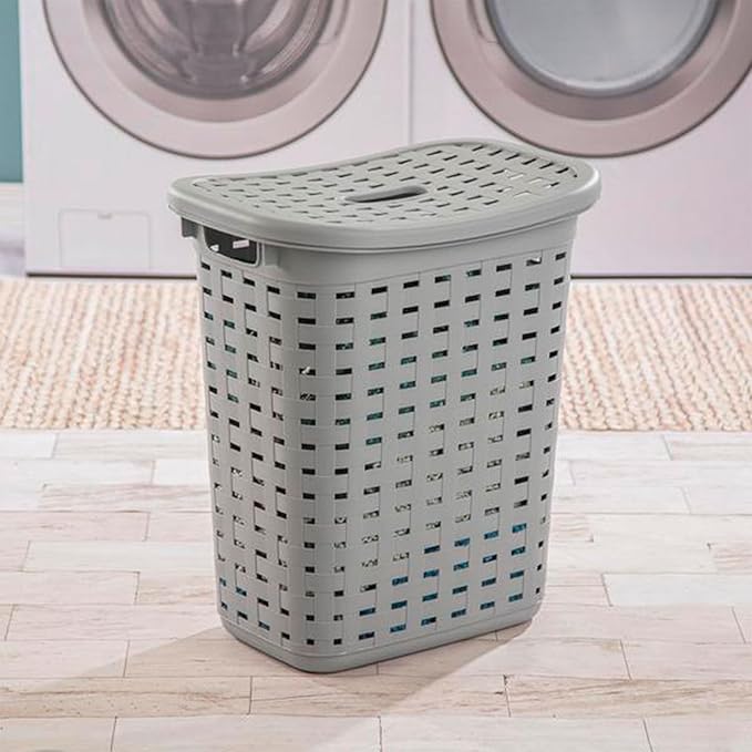 Sterilite Plastic Wicker Style Weave Laundry Hamper, Portable Slim Clothes Storage Basket Bin with Lid and Handles, Cement Gray, 12-Pack