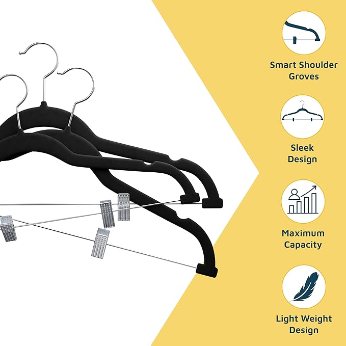 Lifemaster Velvet Skirt Hangers – with Adjustable Clips, 360 Degree Swivel Hook, and Non-Slip Shoulder Notch, Holds Up to 10 lbs, for Organizing Skirt, Pants, Dress, and Clothes, Pack of 30, Black