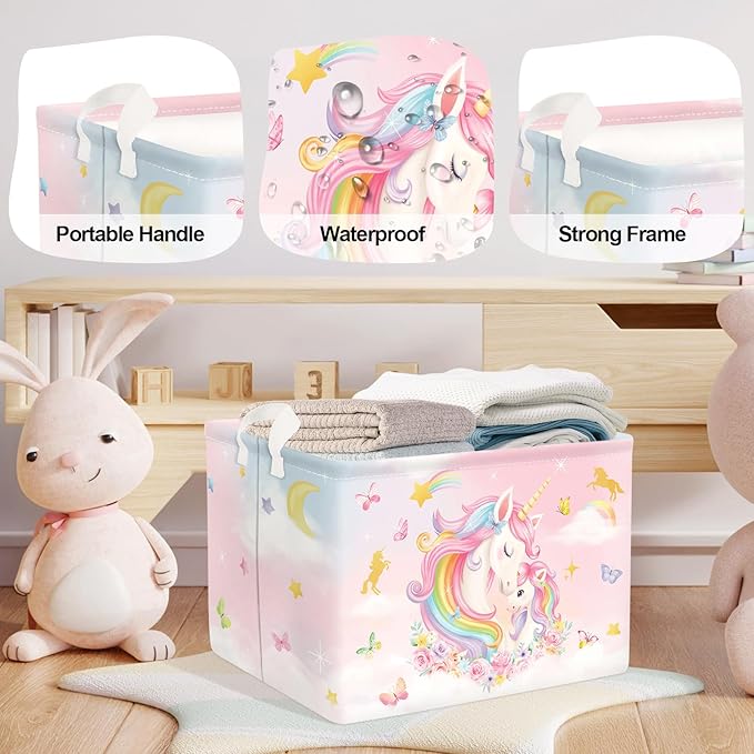 Unicorn Laundry Hamper Large Storage Basket Rainbow Clouds Collapsible Parents Organizer Kids Toy Clothes Bins for Bedroom, Bathroom, Flowers, 36L