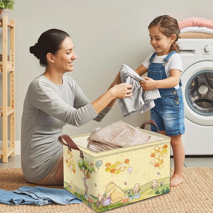 Greatingreat Winnie Foldable Laundry Hamper, Circular Canvas Storage Basket with PE Coating, Collapsible Clothes Organizer for Home, Nursery, and Bedroom (Yellow)