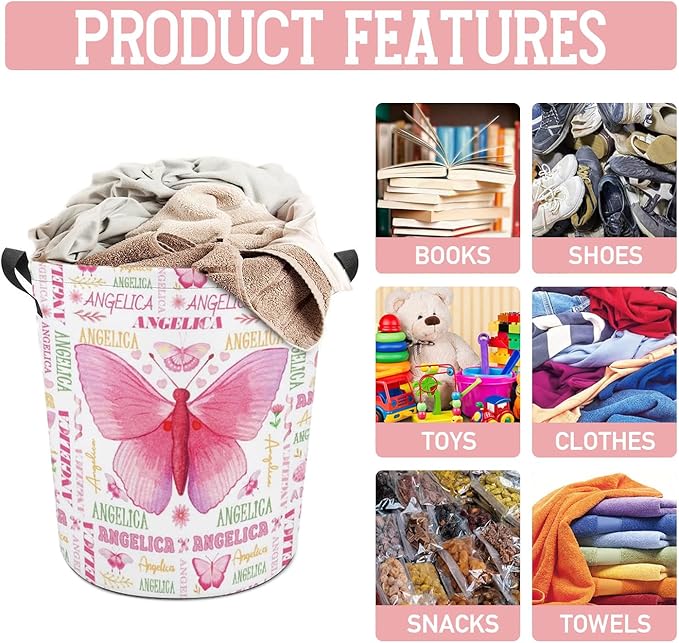 Butterfly Laundry Basket,Personalized Laundry Hamper for Boys Girls,Custom Laundry Basket With Name, Customized Dirty Clothes Hamper for Bathroom Bedrooms,S-16.5"X 13.8"