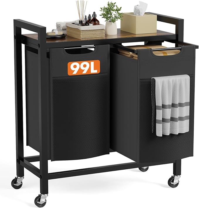 NEWBULIG Rolling Laundry Hamper with Removable Pull-Out Bag, Freestanding Clothes Basket Organizer with Wheels for Bathroom & Bedroom, 2 × 13.1 Gal (99L) - Rustic Brown & Black