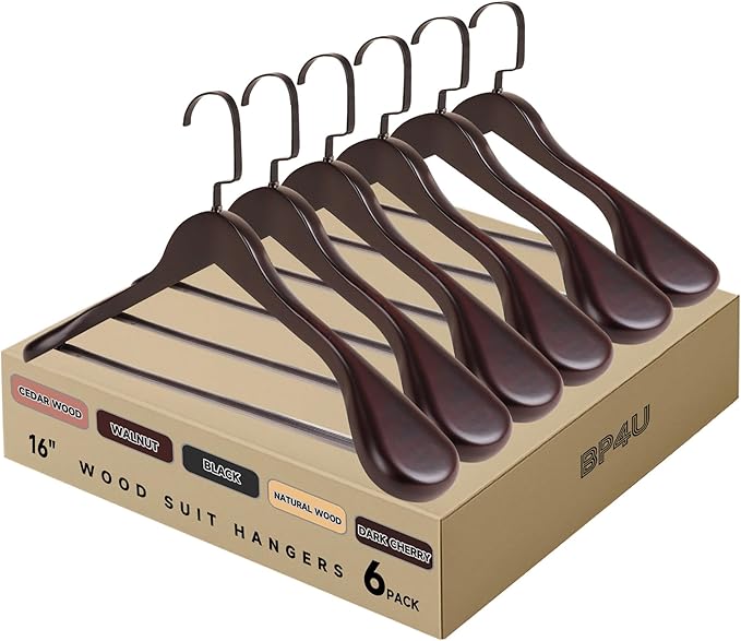 6-Pack Premium Wide Shoulder Wooden Suit Hangers, 16" Heavy-Duty Solid Wood Coat Hangers with Pant Bar for Women's Heavy Garments, Blazers, Jackets (Dark Cherry)