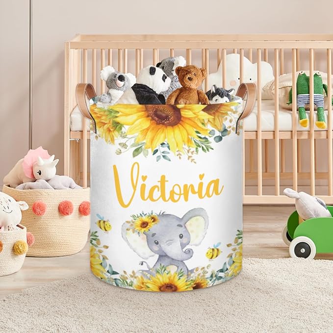 Personalized Laundry Basket, Custom Gift Laundry Hamper, Collapsible Nursery Waterproof Laundry Baskets, Dirty Clothes Toy Hamper with Handles Garden Sunflowers Elephant