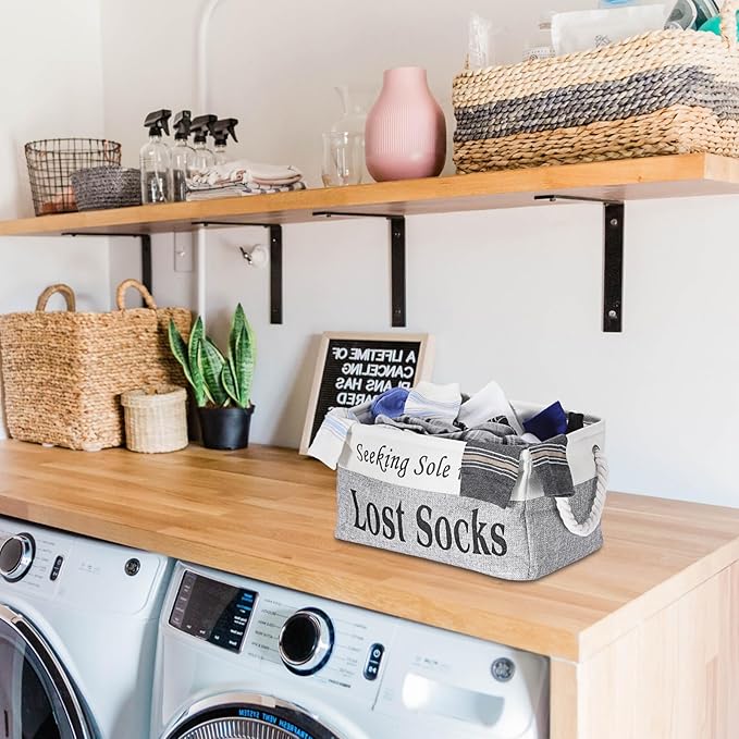 Lost Socks Basket for Laundry Room, Fabric Missing Sock Holder for Single Sock Organization, Collapsible Lost Socks Bin Stockings Container, Farmhouse Laundry Room Decor and Accessories