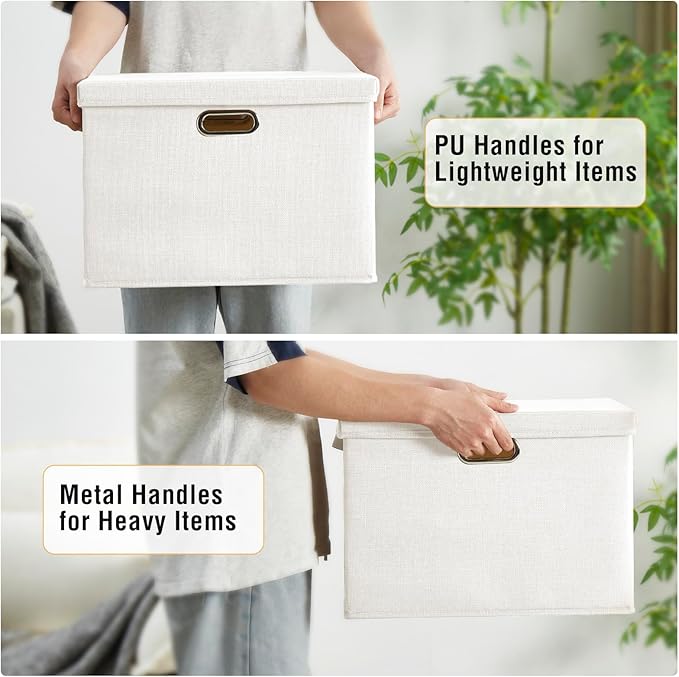 15" Large Collapsible Storage Bins with Lids, Stackable Closet Organizers with PU Handle and Labels, 3-Pack Decorative Fabric Storage Boxes for Home, Bedroom, Closet, Office, Nursery(White)