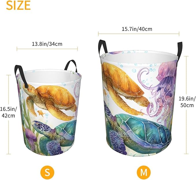 Sea Turtle Laundry Hamper, Collapsible Storage Basket with Handles for Clothes, Bedroom, Bathroom 19.6 x15.7 Inch
