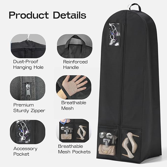 72'' Wedding Gown Dress Garment Bag, 8"/20"'' Gusseted Garment Cover for Puffy Bridal Gowns Cover, Travel Garment Storage Bag for Prom, Cosplay, Evening Gowns (Black, 1Pack 72")