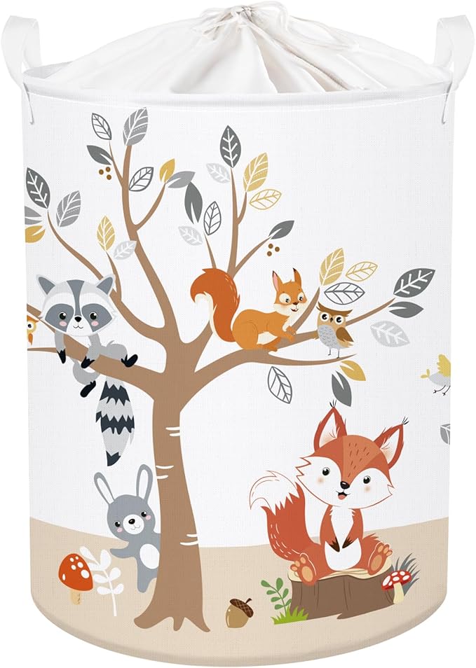Forest Animals Laundry Hamper Woodland Tree Large Storage Basket Parents Organizer Kids Clothes Toy Bins for Bedroom, Bathroom, Fox, 63L