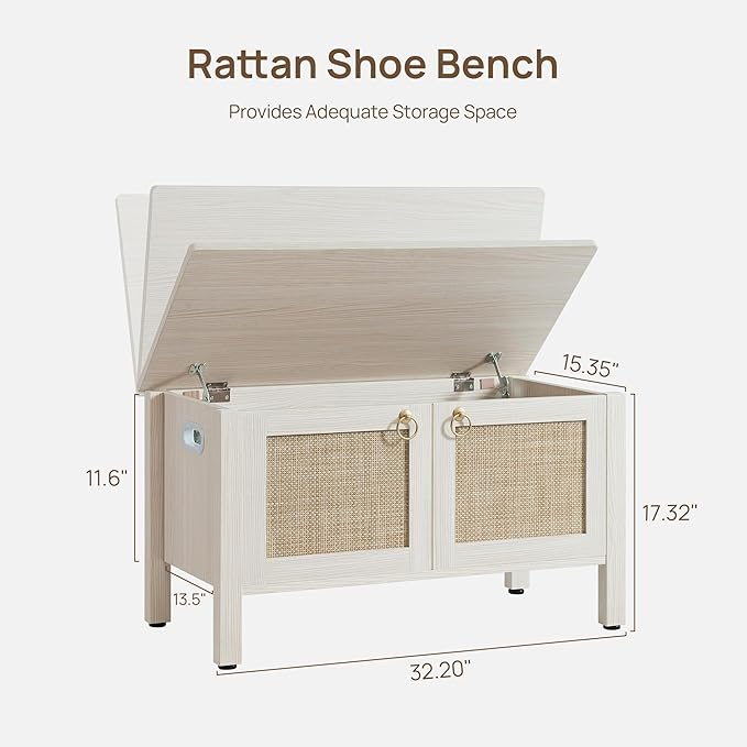 SICOTAS Rattan Shoe Rack Bench with Lift Top Storage: White Farmhouse Boho Shoe Cabinet Entryway Bench with Safety Hinges, Wooden Storage Chest for Bedroom, Entryway, Hallway, Living Room
