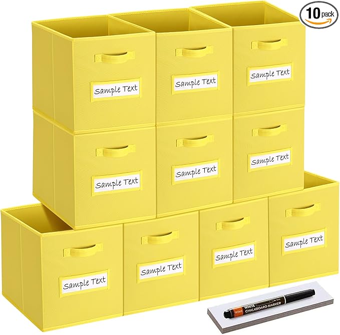 artsdi 11x11 storage cube bins (Set of 10) Foldable Fabric storage cubes with 10 Labels Window Cards & a Pen,11 inch cube storage bin,Closet Organizers for Shelves,Cubby Organizer Boxes,Dark Yellow