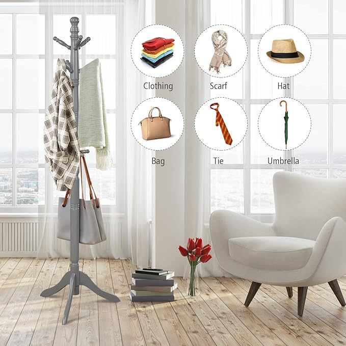 MEDIMALL Height Adjustable Coat Rack Freestanding, Rubber Wood Hall Tree, Entryway Coat Hanger Stand with 9 Hooks & Stable Tri-Legged Base For Home Office Entrance, Hat Stand, Gray