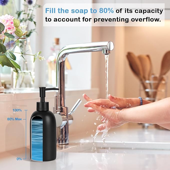 Natheeph 14OZ Ceramic Soap Dispenser Ceramic Soap Pump Dispenser Can Fill Liquid for Bathroom/Kitchen (Black)