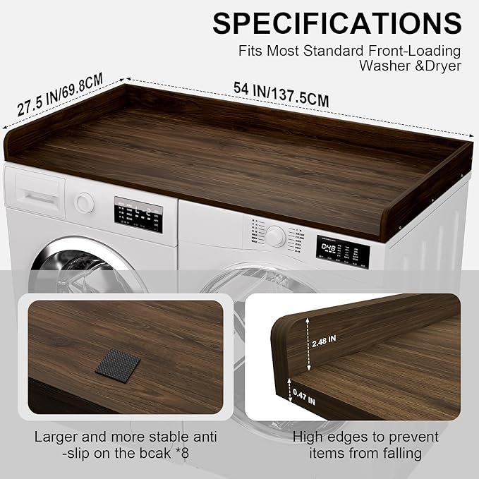 Washer Dryer Countertop, 27.5 x 54 Inch Washer and Dryer Countertop for Laundry Room Organization with Edge Wooden, Walnut