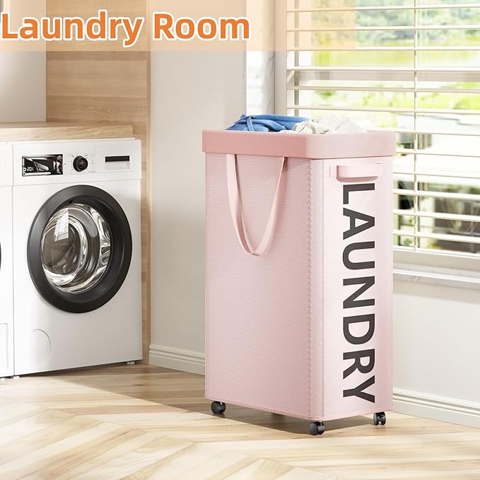 Pink Laundry Basket with Wheels, Dorm Room Essentials for Girls, 90L Rolling Laundry Hamper with Wheels and Removable Mesh Bag for Clothes, Bedroom, Bathroom, College