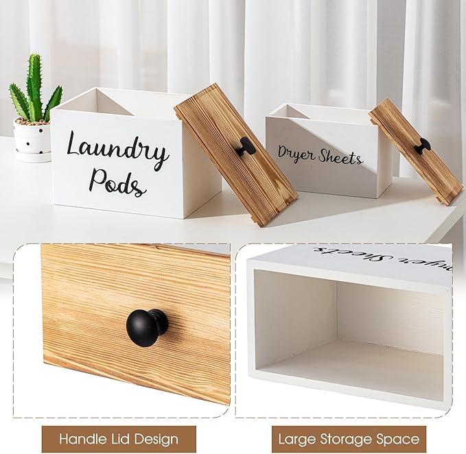 Dandat 2 Pcs Wood Rustic Laundry Dryer Sheet Holder Pod Container with Lid 8.7 x 6.3 x 6.4 Inch Laundry Pod Holder 7.3 x 3.7 x 5 Inch Dryer Sheet Dispenser Wooden Box Container(White)