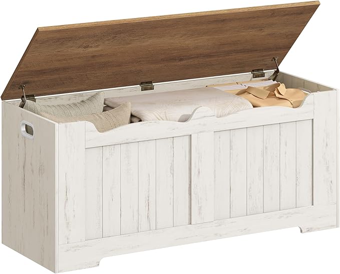39.4" Storage Chest, Storage Bench Trunk with 2 Hinge, Wooden Box, Lift-Top Chest Organizer, Shoe Bench for Entryway, Bedroom, Living Room, White and Brown SB01014B