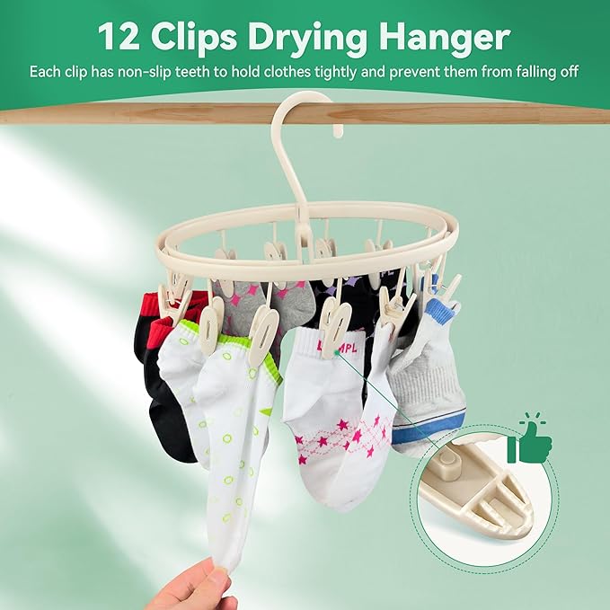 Premium Portable Travel Foldable Clothes Drying Hanger with 12 Clips, Anti-Rusty Plastic Drying Rack for Socks, Lingeries, Delicates and Baby Clothes
