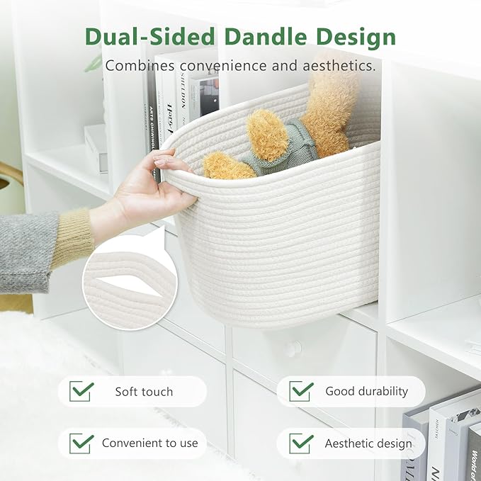 Cotton Rope Storage Basket, 15x10x9 Inches, Woven Basket for Shelves, Clothes, Towels, Books, and Laundry, White (2 Pack)