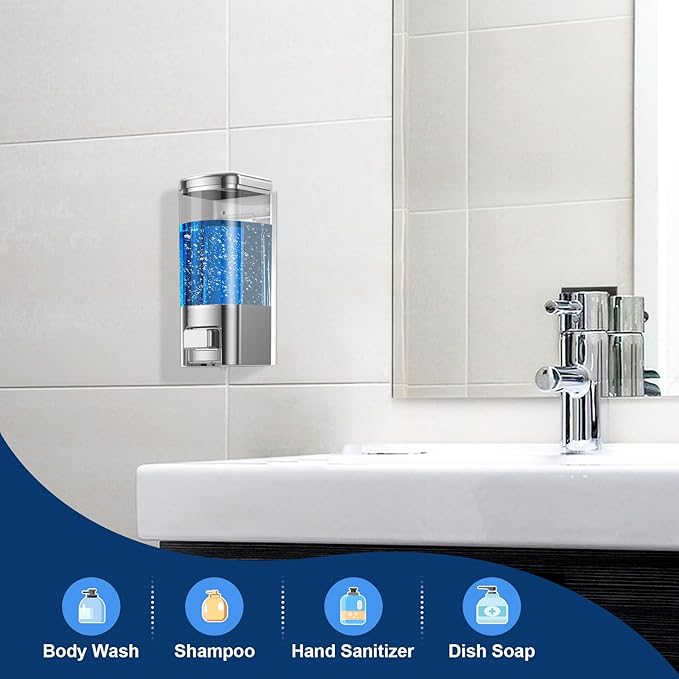 SVAVO Wall Mounted Soap Dispenser - Manual Kitchen Bathroom Hand Soap Dispenser with Anti-Leakage Nozzle Container for Liquid/Gel/Shampoo/Shower Gel/Lotion/Cleaner, 17fl.oz/500ml, Chrome&Clarity