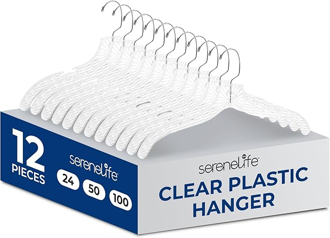 SereneLife 12 Pack Transparent Plastic Hangers, Crystal Clear, Non-Slip with Notched Shoulders, Ultra-Thin Space Saving, Closet & Retail Use, with Swivel Hook for Clothes, Shirts, Dresses, Jackets