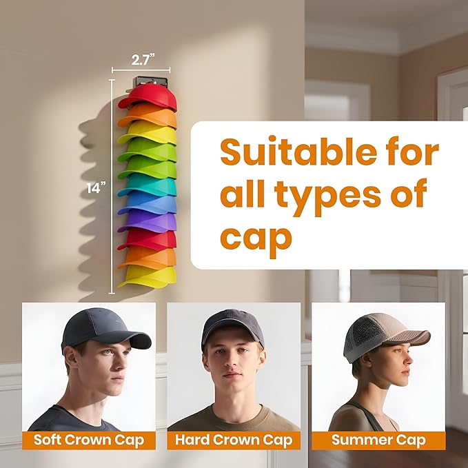 2 Pack Baseball Hat Organiser, Wall Mount Hat Rack with Built-In Spring Clips, Baseball Cap Organizer for Closet & Door, Adhesive or Screw Install, Space-Saving Cap Storage, Multicolour