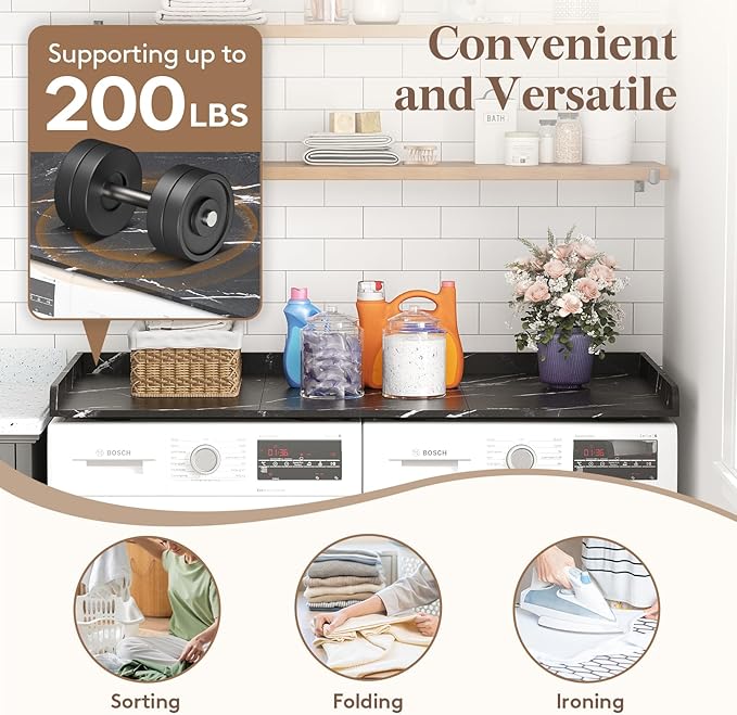 Lifewit Washer Dryer Countertop, Melamine Covers with Edge Rails for The Top, Laundry Room Storage and Organization, Spice Type, Hold 200lbs, Black Marble, 54" x 27.5"