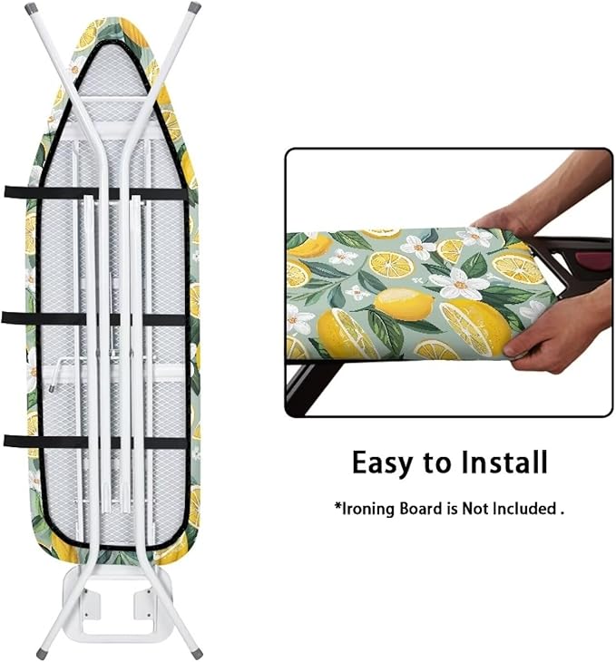 Lemon Ironing Board Cover and Pad with White Floral Standard Size Elastic Edge Home Decoration Hook and Loop Fasteners Heat Reflective 15 x 54 Inch