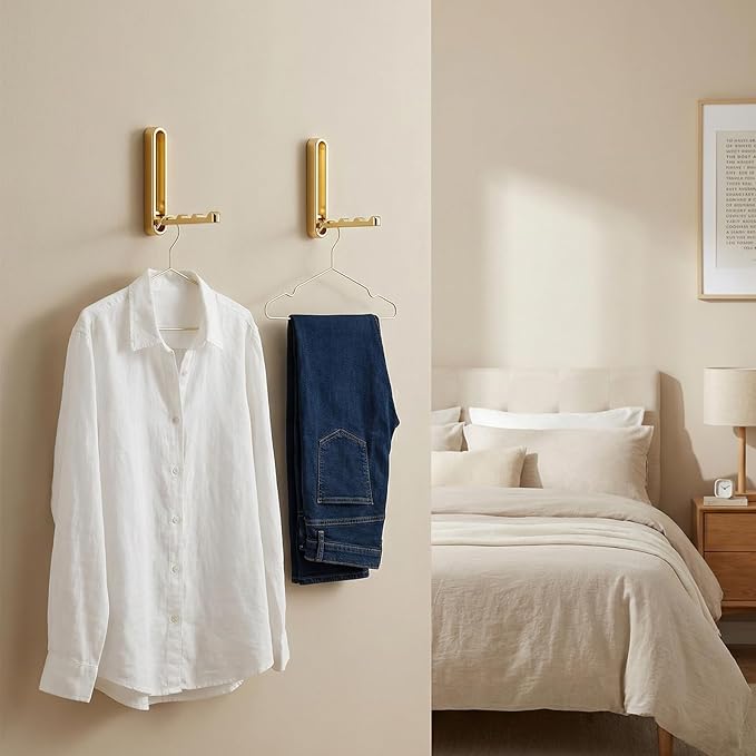 2 Pcs Folding Coat Hooks, 4.33 in Gold Extended Foldable Wall Hooks Heavy Duty Valet RV Hooks Bathroom Towel Hooks Robe Hooks Wall Mounted for Hanging Towels Clothes Coat Hat Bags