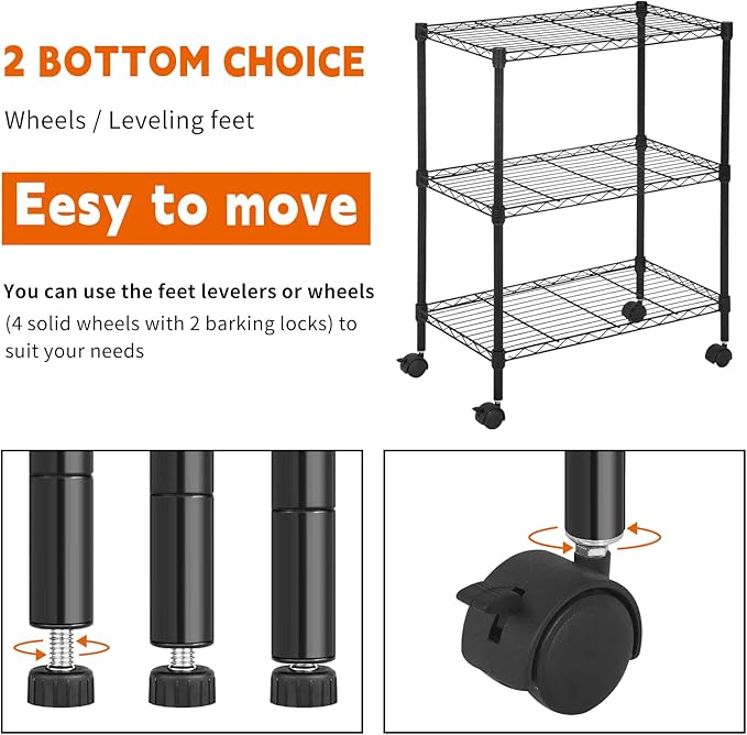 3 Tier Rolling Storage Cart with Wheels and Leveling Feet, Adjustable Wire Shelving Rack, Heavy Duty 450LBS Capacity, Metal Shelf Organizer for Kitchen, Bathroom, Laundry, Office, 23"L x 13"W x 31.3"H