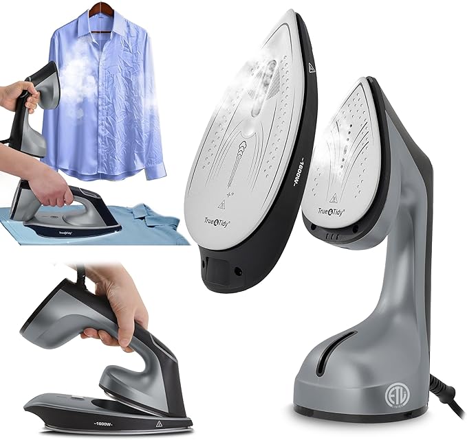 True & Tidy 2-in-1 Iron and Handheld Steamer, 1600W Dual Heating System with Ceramic-Coated Plate, LCD Display, No-Drip Technology, 3 Fabric Modes, Portable Garment Steamer for Home & Travel