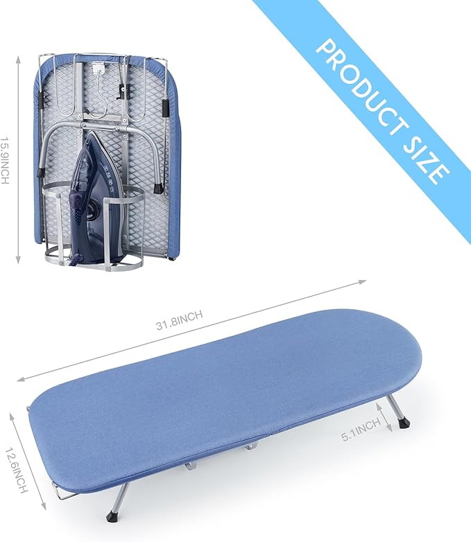 BiJun Small Ironing Board, Foldable Table Top Ompact Portable Mini Ironing Board w/Iron Rest, Set for Dorm Rooms, RVs, Travel Apartments Space-Saving and Easy to Store Blue