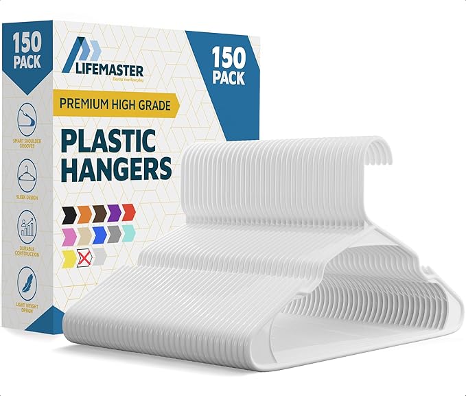 Plastic Clothes Hangers – Heavy Duty Hanger Set, for Organizing Clothes, Dresses, and Coats, Holds Up to 5 lbs, Space-Saving Hangers with Non-Slip Shoulder Grooves, Pack of 150, White