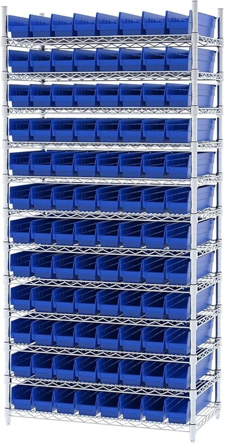 Akro-Mils 30128 Plastic Shelf Bins, Heavy Duty Storage Bins for Garage, Closet, and Drawer Organization, 18-Inch x 4-Inch x 4-Inch, Blue, 12-Pack