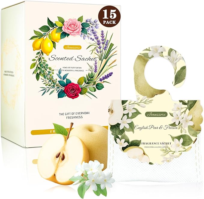 15 Packs Scented Sachets Bag for Drawers and Closets, Air Freshener for Home Fragrance Sachet, Long-Lasting Hanging Closet Deodorizer Smell Goods for House (English Pear & Freesia)