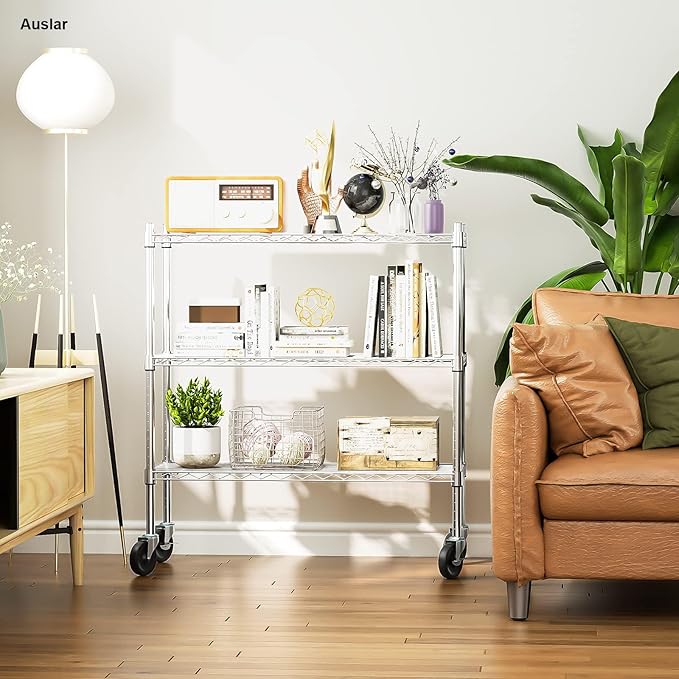 Auslar 3-Shelf Storage Shelves with Casters Heavy Duty 3-Tier Rolling Cart Utility Racks Adjustable Wire Metal Storage Shelving, Chrome