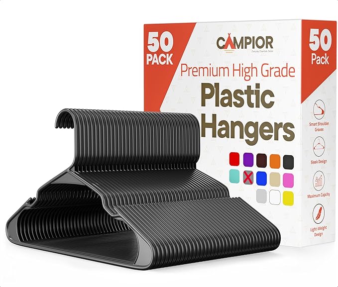 Gray Plastic Hangers 50 Pack– Heavy-Duty Plastic Hangers Slim and Space-Saving, Durable and Lightweight PP with Non-Slip Shoulder Notches for Slip Dresses, Suits, Jackets & Camisoles