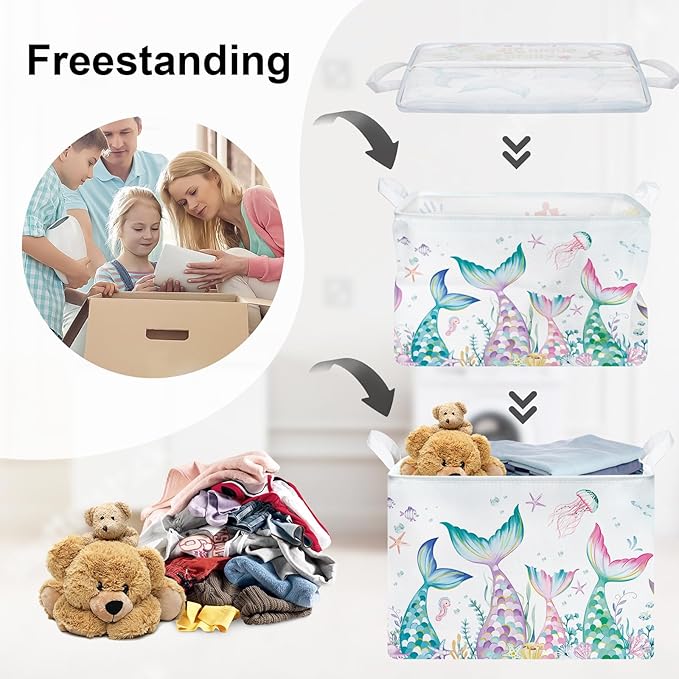 Fantasy Princess Laundry Hamper Colorful Large Storage Basket Collapsible Parents Organizer Kids Toy Clothes Bins for Bedroom, Bathroom, Mermaid, 36L