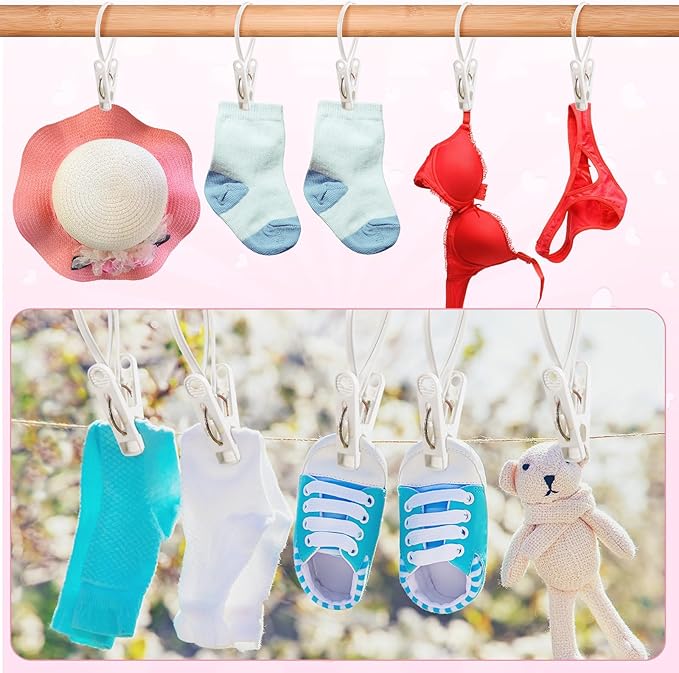 Honeydak 60 Pack Multi-Purpose Laundry Hooks Hanging Clips Bulk with Plastic Rope Hanger Clips for Baby Clothes Closet Organizer for Pants Hat Sock Boot Bra Towel Bathroom Wardrobe Kitchen, White