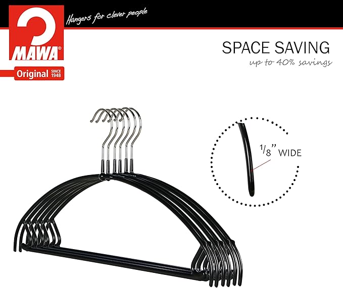 Mawa by Reston Lloyd Euro Ultra Light/Thin Series, Non-Slip Space-Saving Clothes Hanger with Bar & Hooks for Pants and Skirts, Style 42/PTU, Set of 10, Black